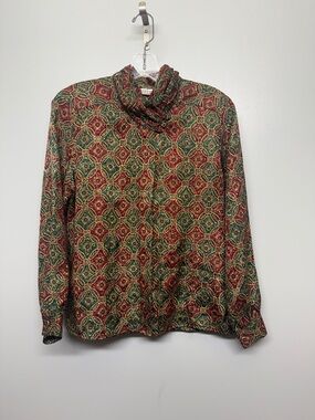 Worthington Red & Green Patterned Button-Down Blouse